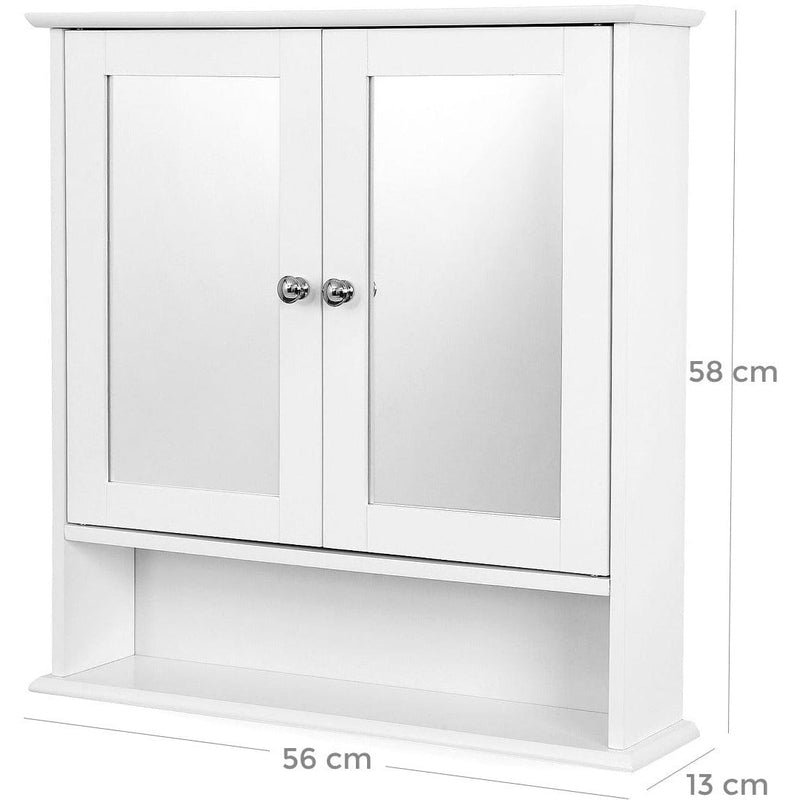 Mirrored Bathroom Wall Cabinet by Vasagle - white wood with double mirrored doors and chrome knobs