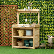 Outsunny Garden Potting Bench Table, Wooden Workstation Bench w/ Galvanized Metal Tabletop, Storage Shelves and Hooks, Natural Outsunny