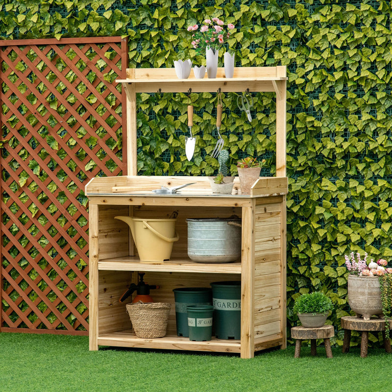 Outsunny Garden Potting Bench Table, Wooden Workstation Bench w/ Galvanized Metal Tabletop, Storage Shelves and Hooks, Natural Outsunny
