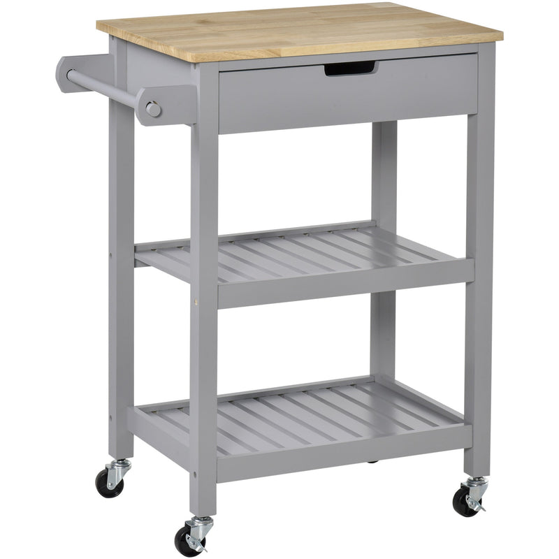 Grey Kitchen Trolley, Rubberwood Worktop, Storage