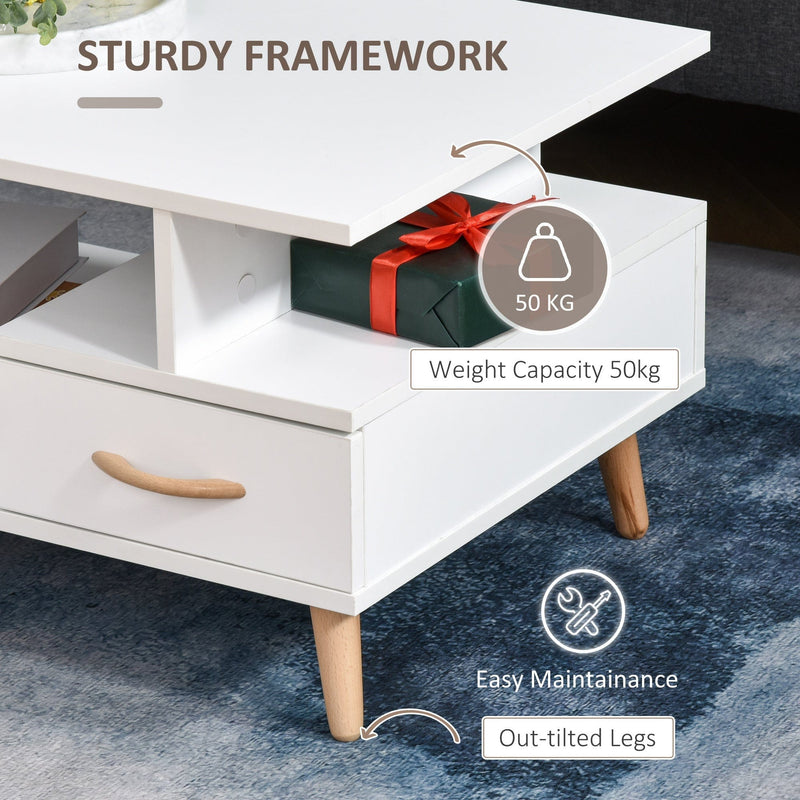 Modern Coffee Table With Storage Shelf and Drawers - White