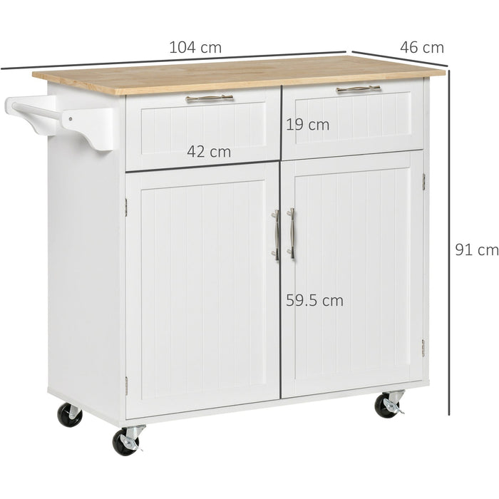 White Kitchen Island Cart with Rubberwood Top, 2 Drawers