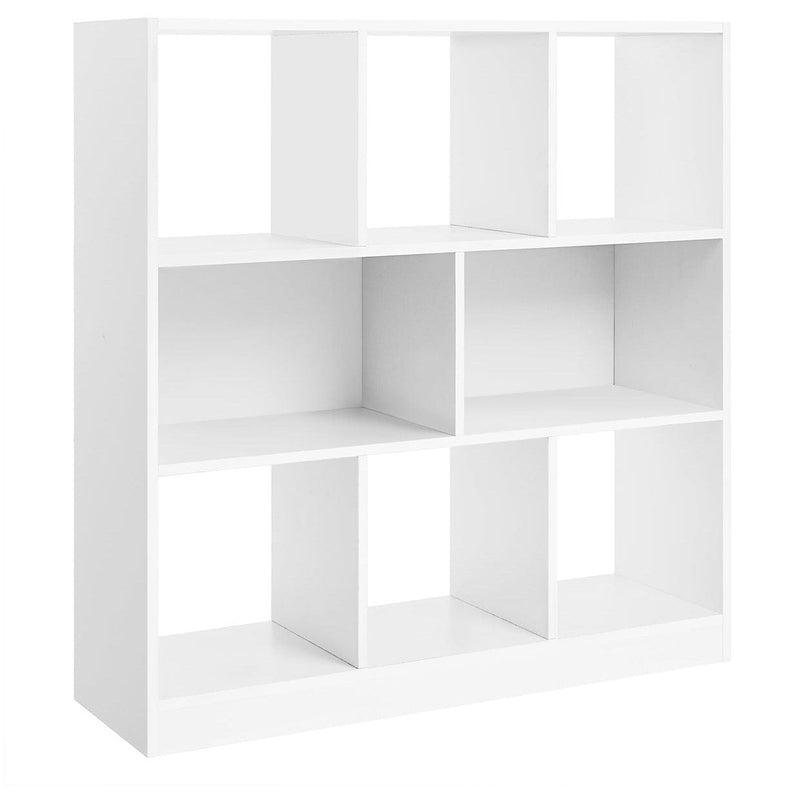 White Wooden Cube Storage Unit by Vasagle - Modern style with 6 cubes (3 on the top and 3 on the bottom) there are two larger spaces inbetween