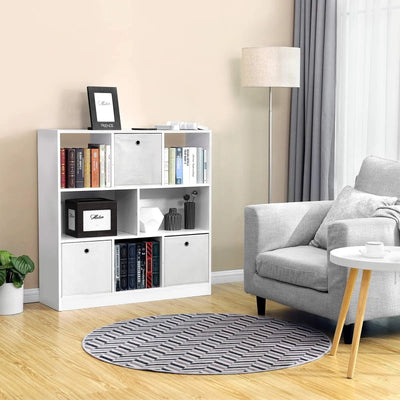 White Wooden Cube Storage Unit by Vasagle - Modern style with 6 cubes (3 on the top and 3 on the bottom) there are two larger spaces inbetween