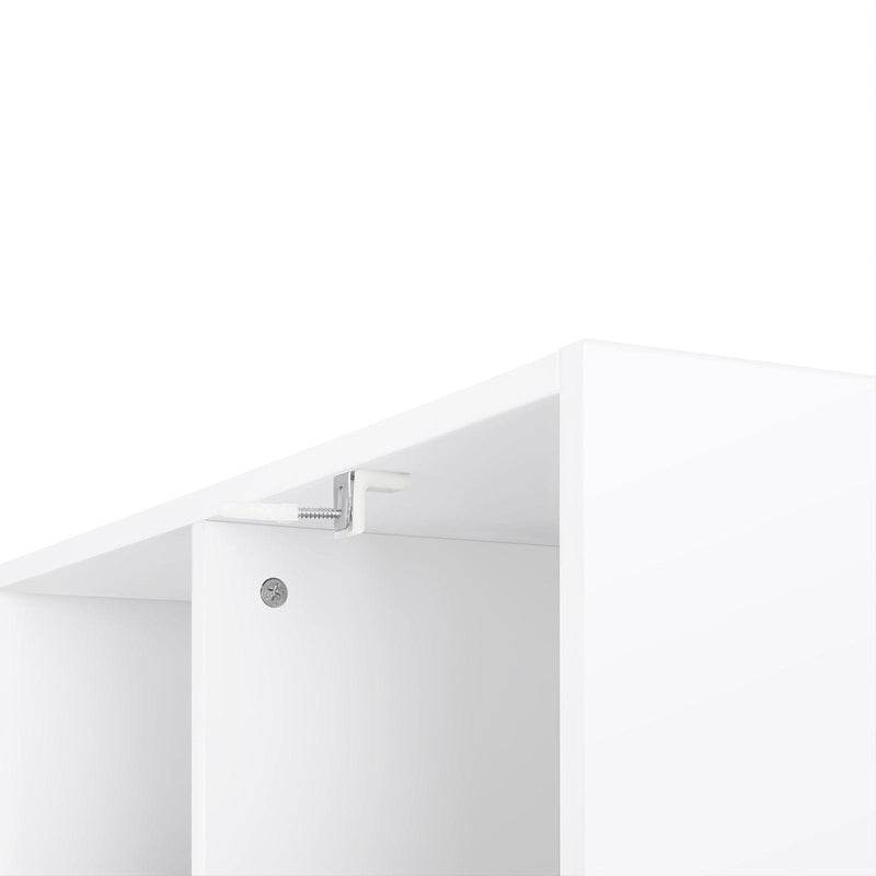 White Wooden Cube Storage Unit by Vasagle - Modern style with 6 cubes (3 on the top and 3 on the bottom) there are two larger spaces inbetween