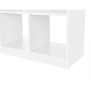 White Wooden Cube Storage Unit by Vasagle - Modern style with 6 cubes (3 on the top and 3 on the bottom) there are two larger spaces inbetween