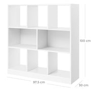 White Wooden Cube Storage Unit by Vasagle - Modern style with 6 cubes (3 on the top and 3 on the bottom) there are two larger spaces inbetween