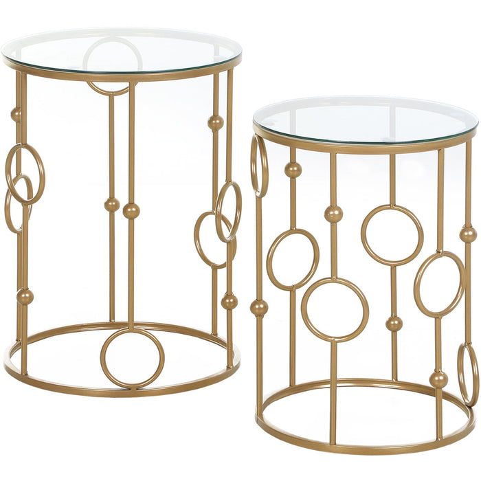 Set of 2 Gold Round Coffee Tables, Tempered Glass