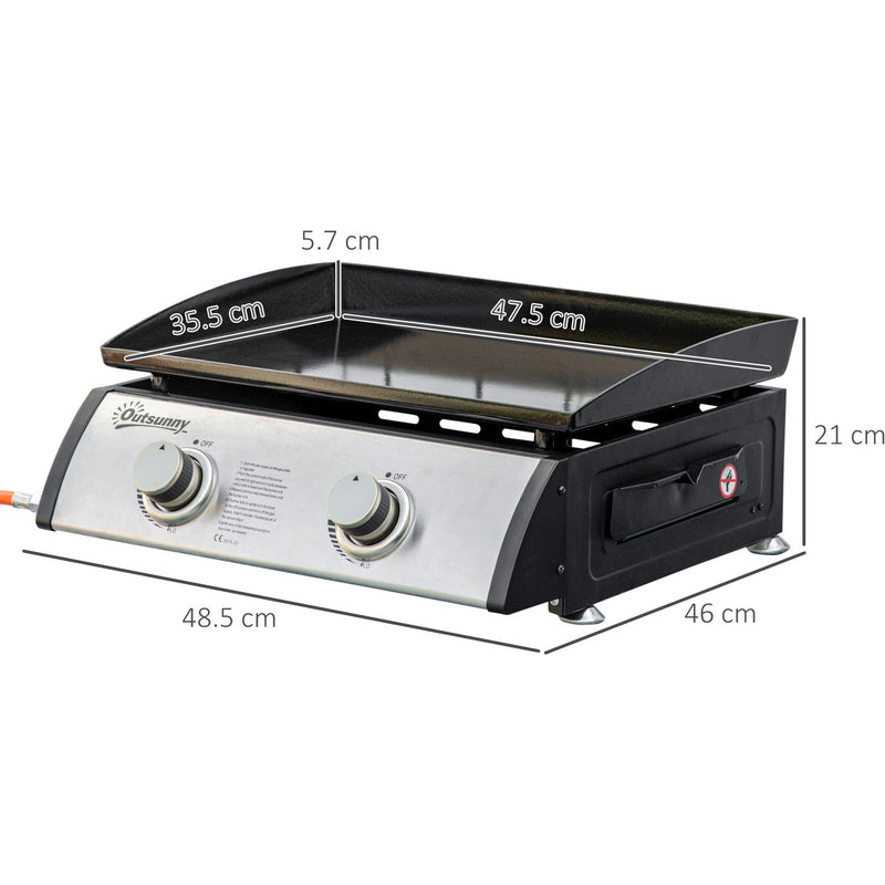 Outsunny Gas Plancha Grill with 2 Stainless Steel Burner, 6kW, Portable Tabletop Gas BBQ w/Non-Stick Griddle for Camping Picnic Garden Party Festival Outsunny
