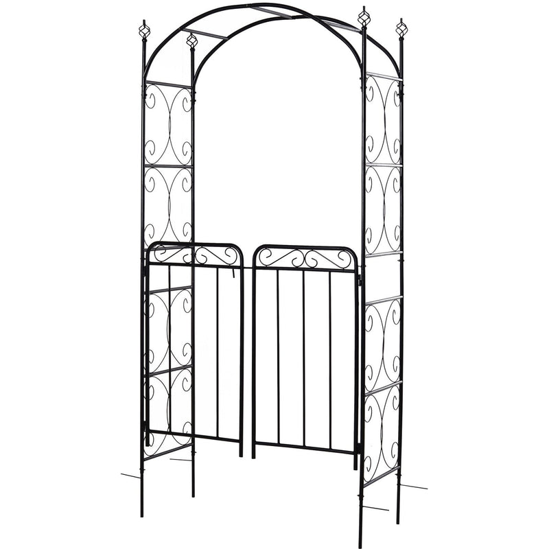 Metal Garden Arch with Gate, Climbing Plant Support, Black Outsunny