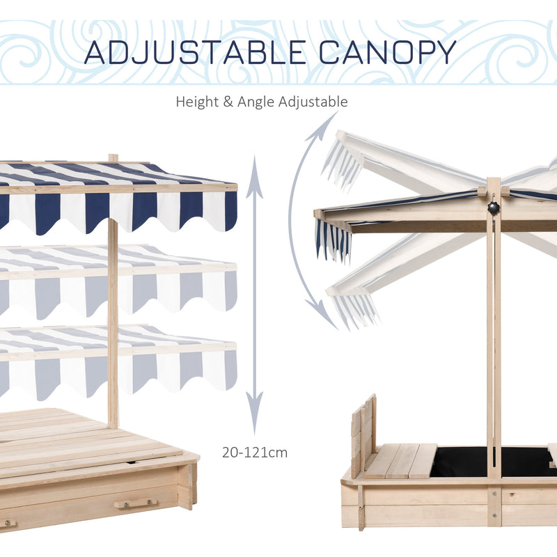 Wooden Sandpit with Adjustable Canopy and Benches for Shaded Outdoor Play Natural Blue White Outsunny