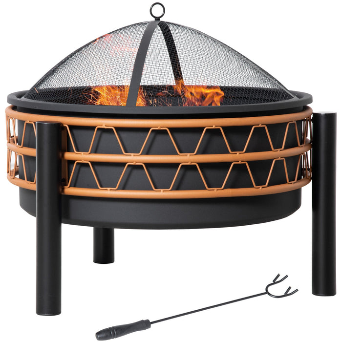 Outdoor Fire Pit - Metal Bowl, Screen, Poker, 64cm, Black