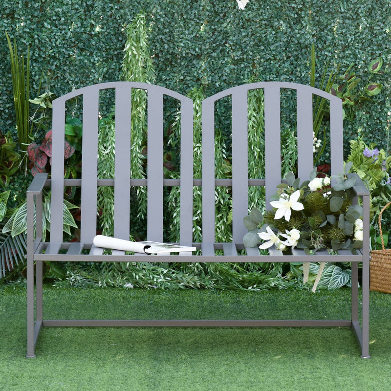Outsunny Garden Bench Loveseat 2 Seat Chair for Outdoor Park, Yard, Steel Frame, Decorative Slatted Design, Grey Outsunny