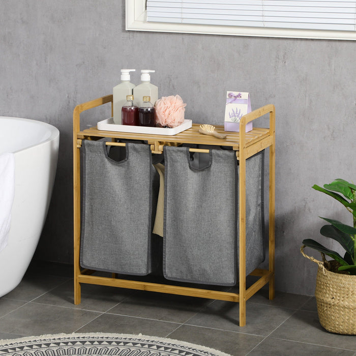 Bamboo Laundry Hamper with Shelf, Grey, 64x33x73cm