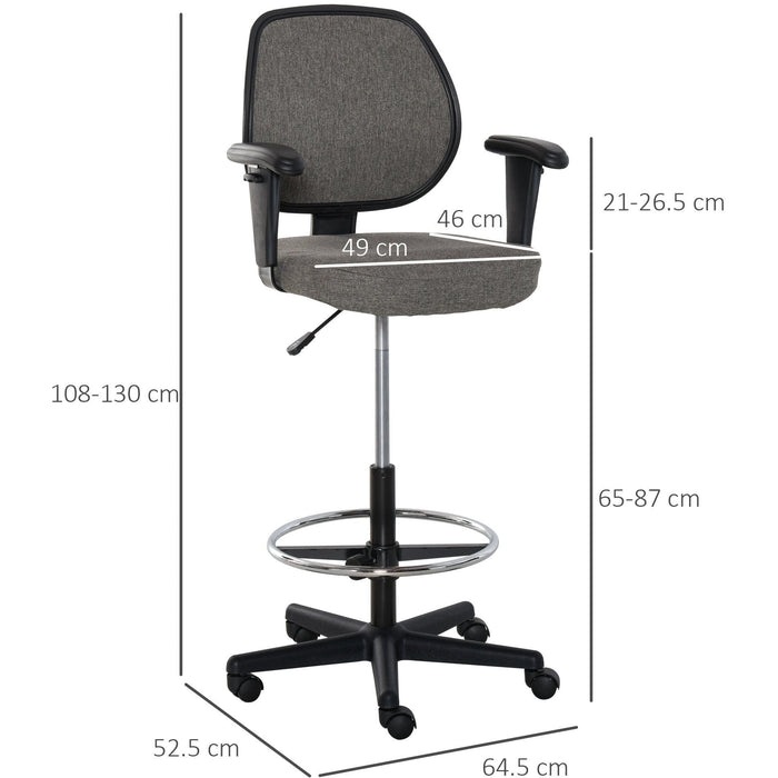 Drafting Chair With Arms, Wheels, Adjustable Footrest, Grey