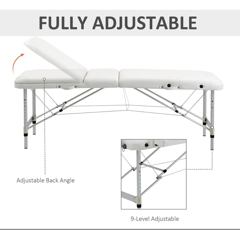 Folding Massage Table, Aluminium, Headrest, Armrests, White