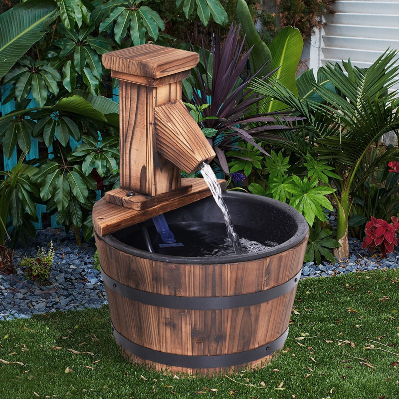 Wood Barrel Electric Water Fountain, Patio Feature Outsunny