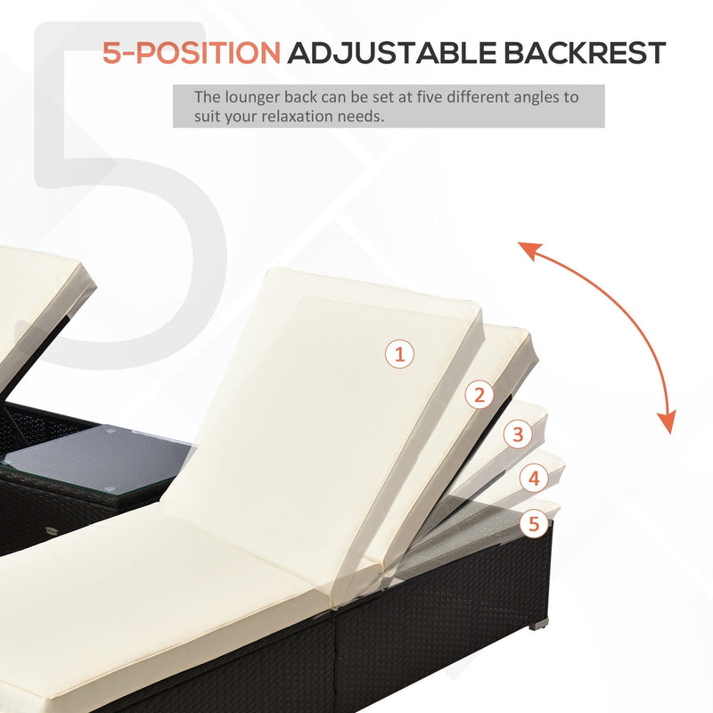 3PC Rattan Sun Lounger Sets, Side Table, Dark Coffee