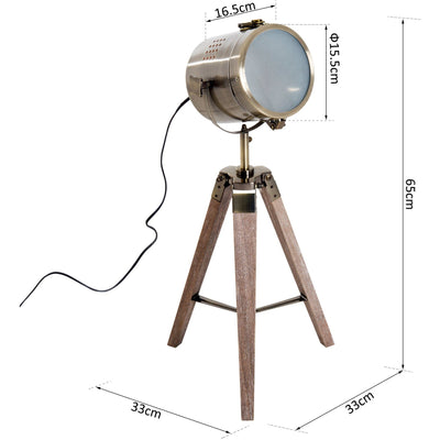 Vintage Brass Tripod Table Lamp, Spotlight, Wooden Base Pawhut