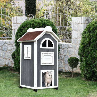 Wooden Cat Shelter, 2 Floors - Grey & White Pawhut