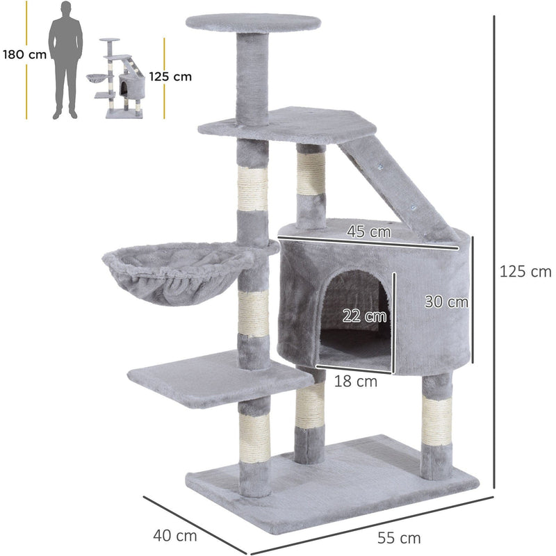 Grey Cat Tree, 125cm, Scratch Post, Climb Activity Centre
