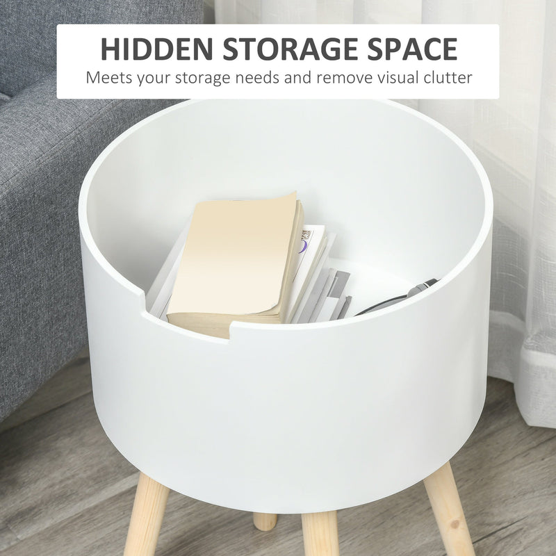 Round Side Table with Hidden Storage, Removable Tray, Wood