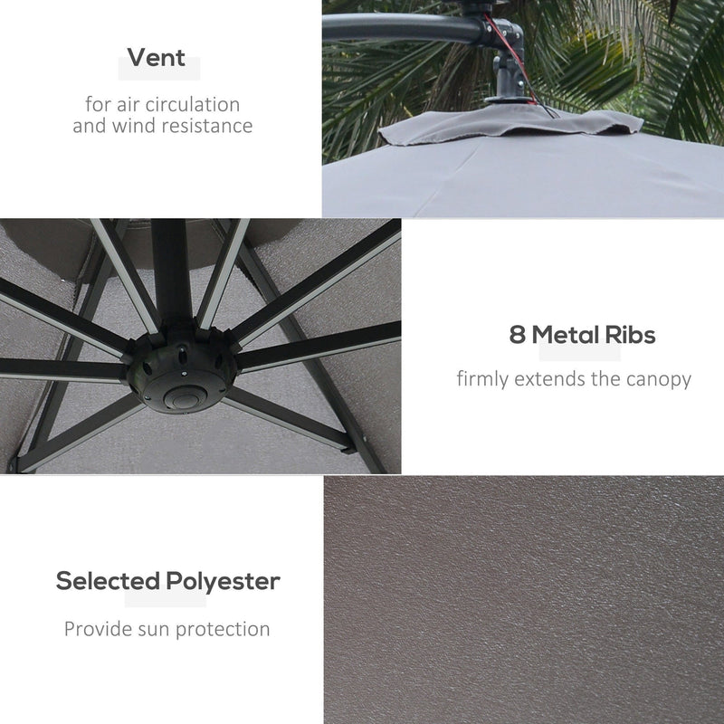 3m Banana Cantilever Patio Umbrella With Lights, Cross Base