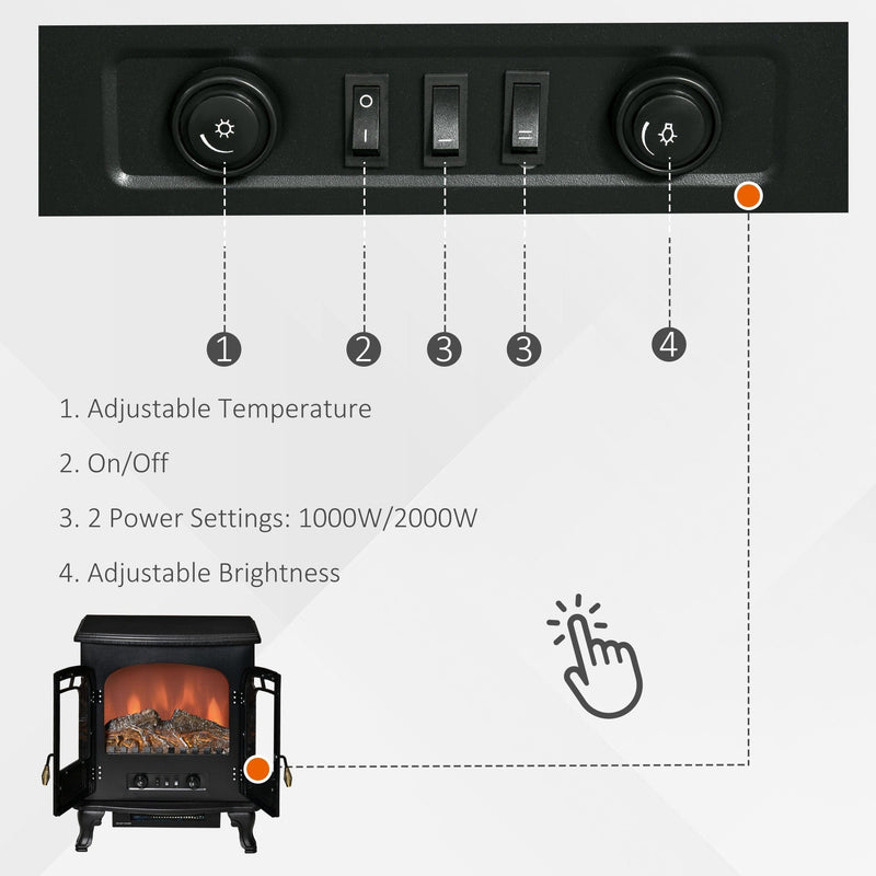 Electric Fireplace Stove Heater, LED Flame, 1000W/2000W