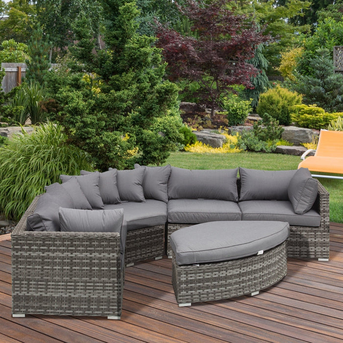 6 Seater Half Moon Rattan Sofa Set with Cushions, Grey