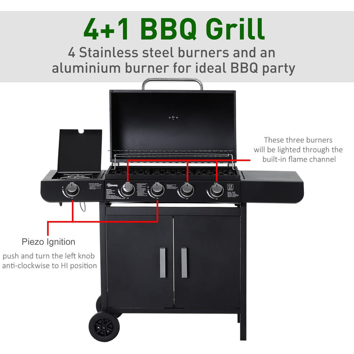 4 Burner Gas BBQ With Side Burner, Trolley with Storage