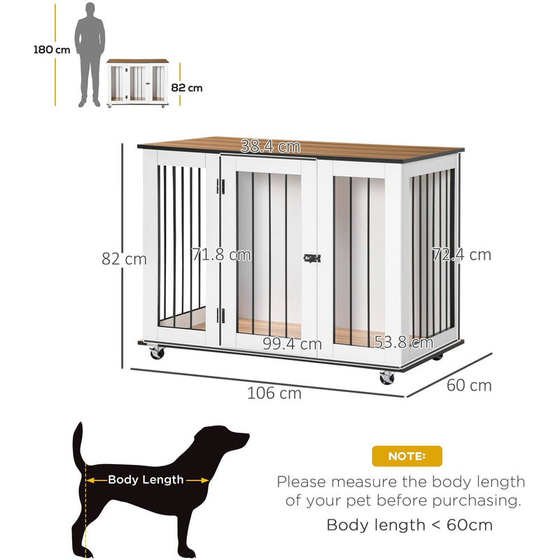 Large Dog Cage End Table with Wheels, Front Latch, White