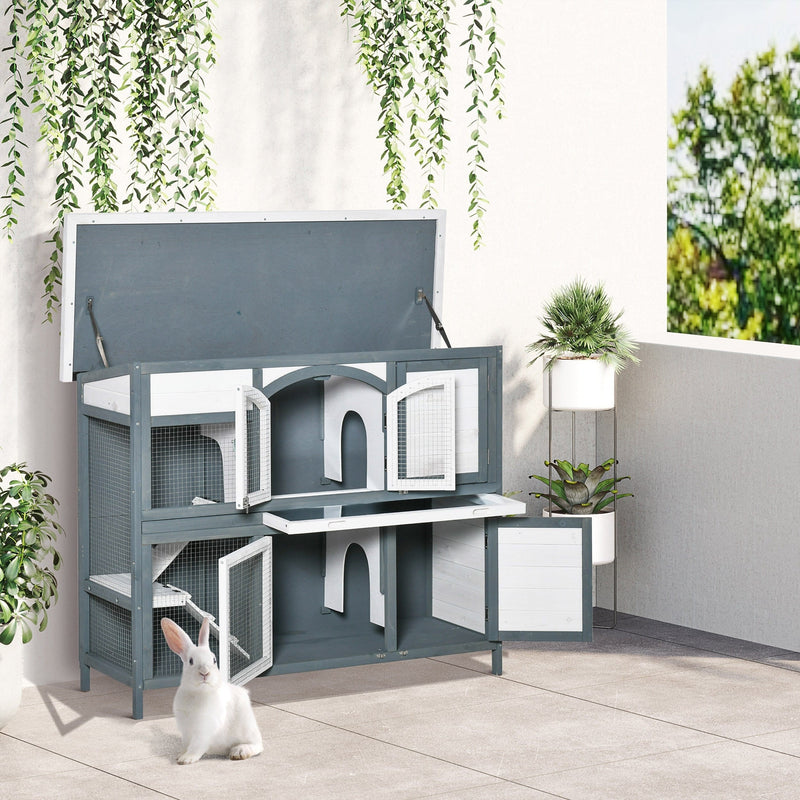 2 Tier Wooden Rabbit Hutch, Grey Pawhut
