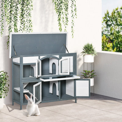 2 Tier Wooden Rabbit Hutch, Grey Pawhut