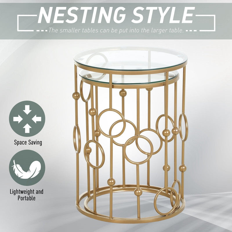 Set of 2 Gold Round Coffee Tables, Tempered Glass