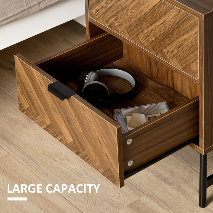 Walnut 2 Drawer Side Cabinet, Herringbone Pattern, For Home