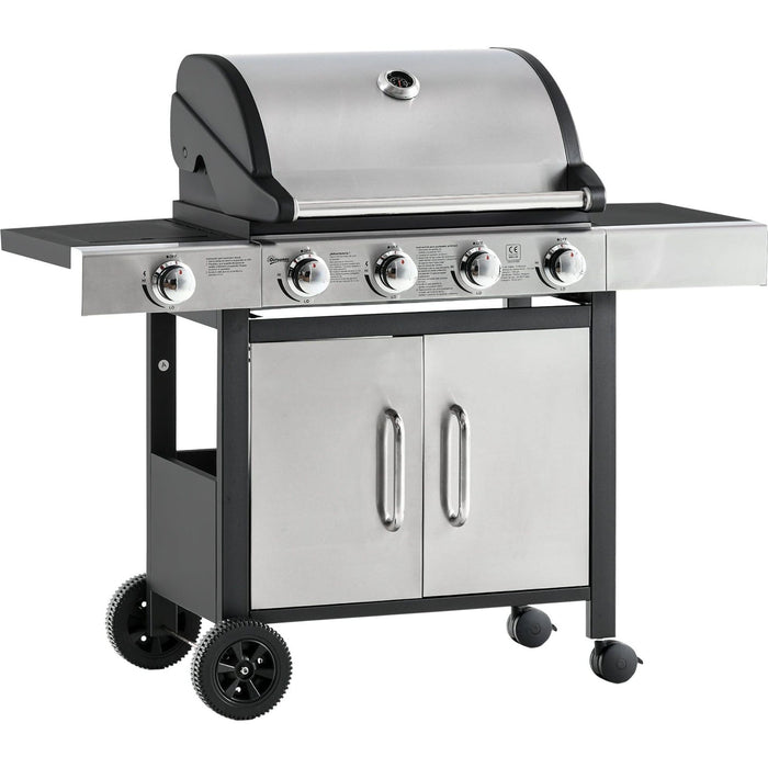 Image of a 4 Burner Gas BBQ with Side Burner With a Black Frame and Stainless Steel Front and Lid.