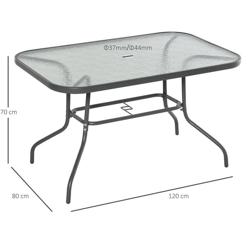 Outsunny Glass Top Garden Table Curved Metal Frame w/ Parasol Hole 4 Legs Outdoor  Balcony Sturdy Friends Family Dining Table  -Grey Outsunny