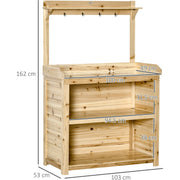 Outsunny Garden Potting Bench Table, Wooden Workstation Bench w/ Galvanized Metal Tabletop, Storage Shelves and Hooks, Natural Outsunny