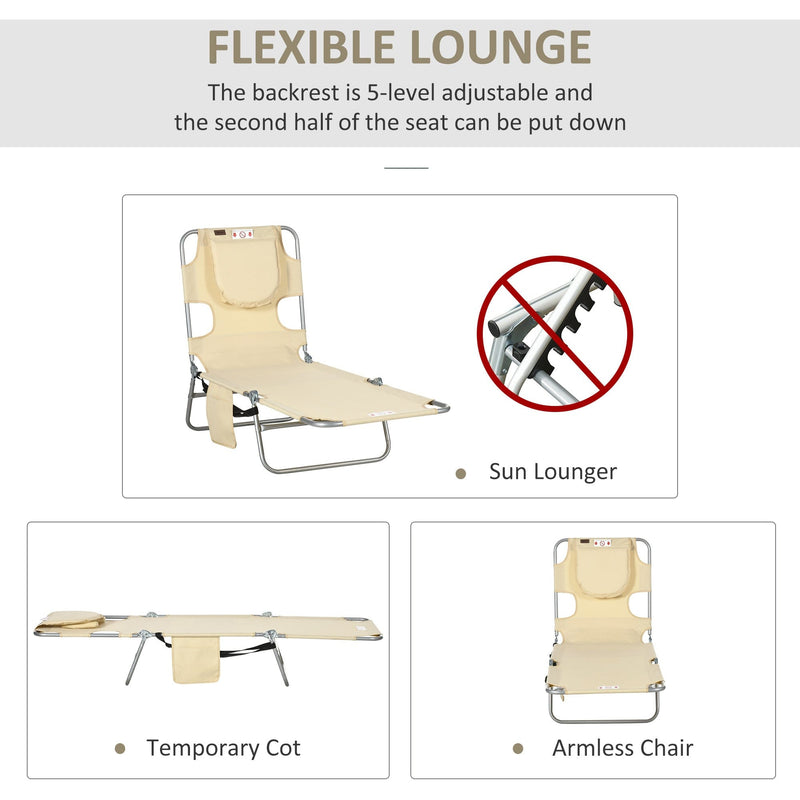 Outsunny Foldable Sun Lounger, Beach Chaise Lounge with Reading Hole, Arm Slots, 5-Position Adjustable Backrest, Side Pocket, Pillow for Patio, Beige Outsunny