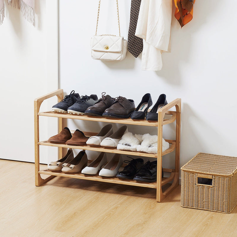 Bamboo 3-Tier Shoe Rack: Slatted, Holds 9 Pairs