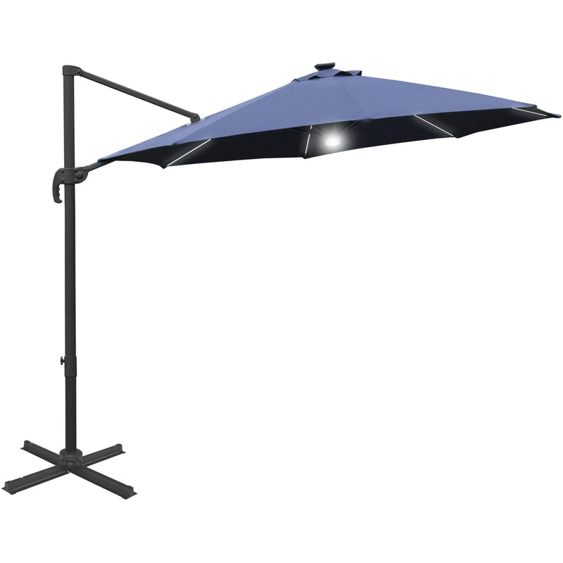 Image of a blue cantilever parasol with solar lights