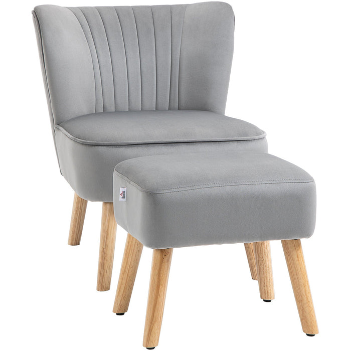 Contemorary Grey Velvet Accent Chair With Footstool