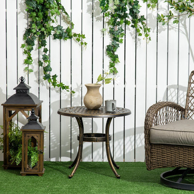 Outsunny Industrial Garden Side Table, Round Hollow Top Design Patio End Table with Cast Aluminum Frame, Bronze Outsunny