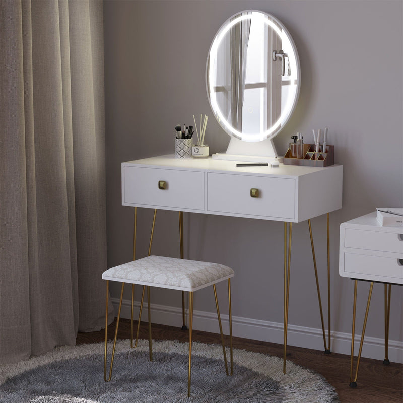 Dressing Table Set, LED, Round Mirror, White