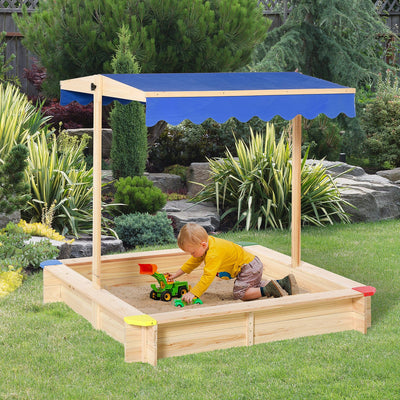 Wooden Kids Sandbox with Adjustable Canopy for Shaded Outdoor Play Natural Blue Outsunny