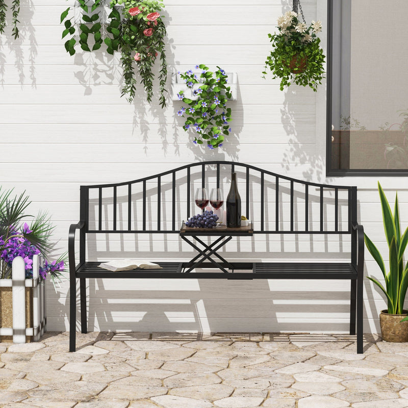 Outsunny Outdoor Metal Frame Bench Patio Park Garden Seating Chair with Foldable Middle Table Outsunny