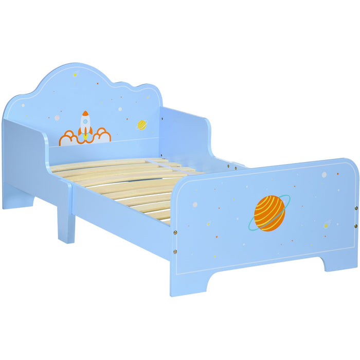 Blue Toddler Bed: Rocket & Plants Patterns, Safety Rails