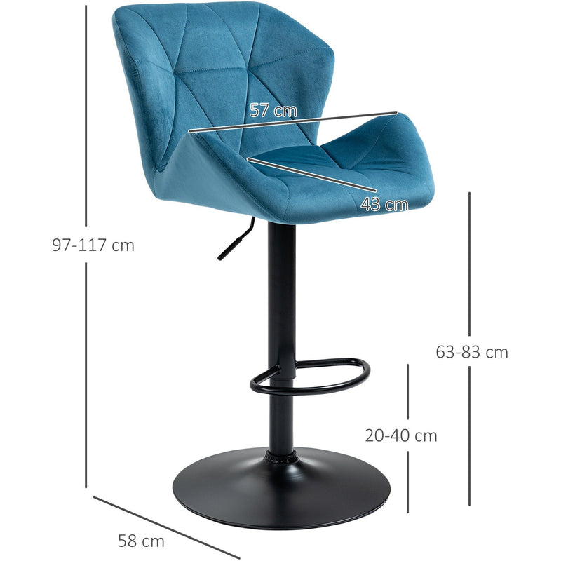 Set of 2 Kitchen Bar Stools, Blue Velvet