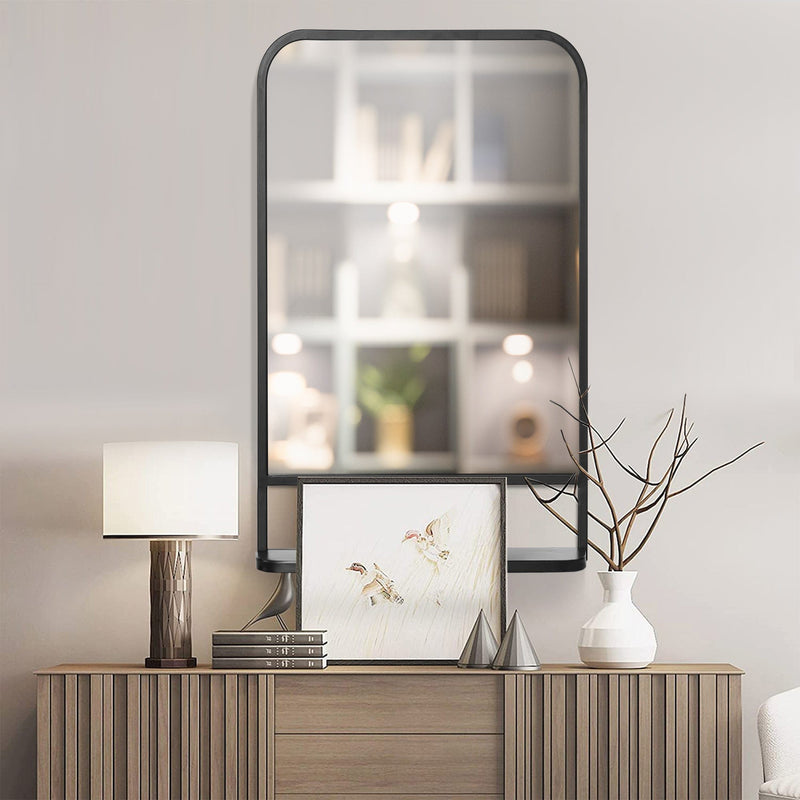 Rectangular Wall Mirror With Shelf, Black Frame