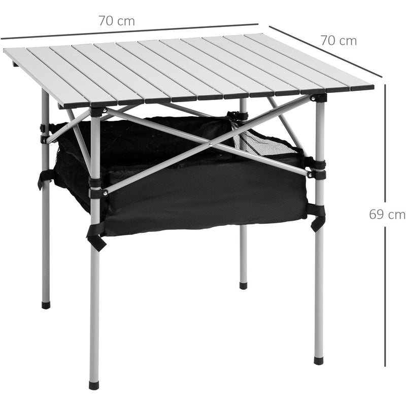 Outsunny Aluminum Roll-Top Table w/ Mesh Bag Camping Outdoor Dining Foldable w/ Steel Frame Picnic Lightweight Hiking Furniture Desk, Silver Black Outsunny